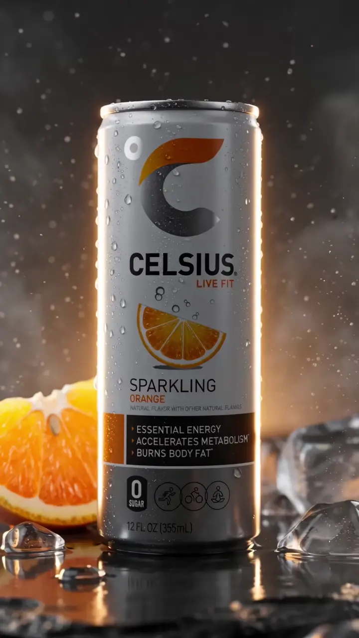 A chilled Celsius sparkling orange can surrounded by ice and orange slices