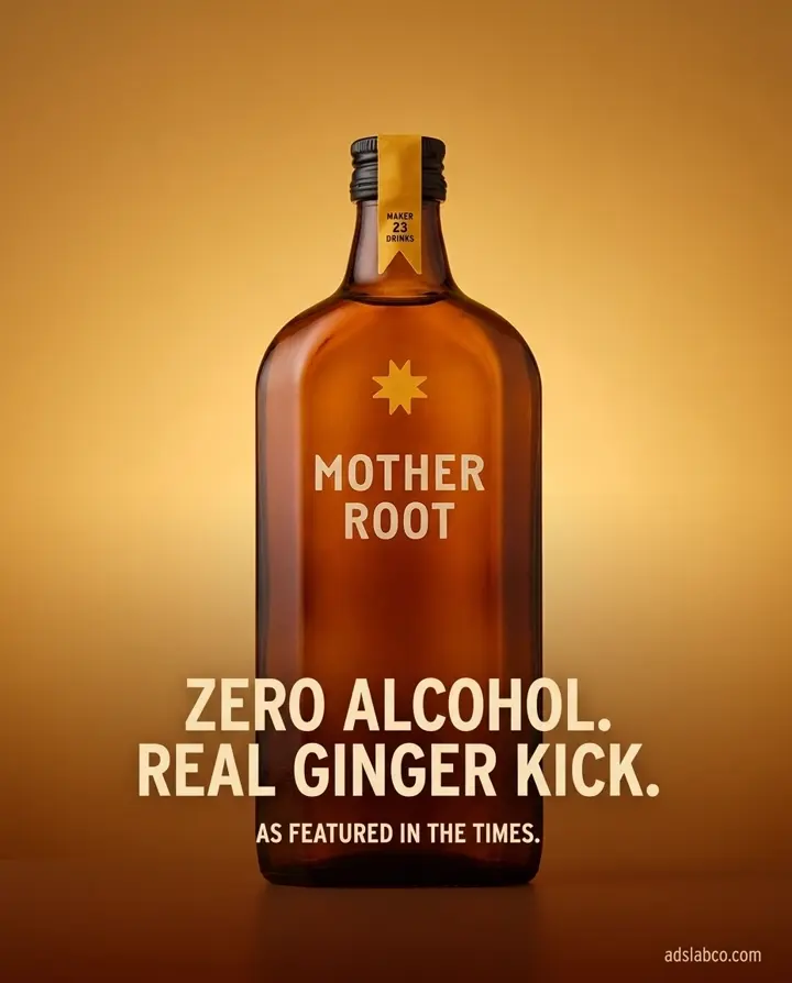 Mother Root ginger drink bottle on a warm amber background