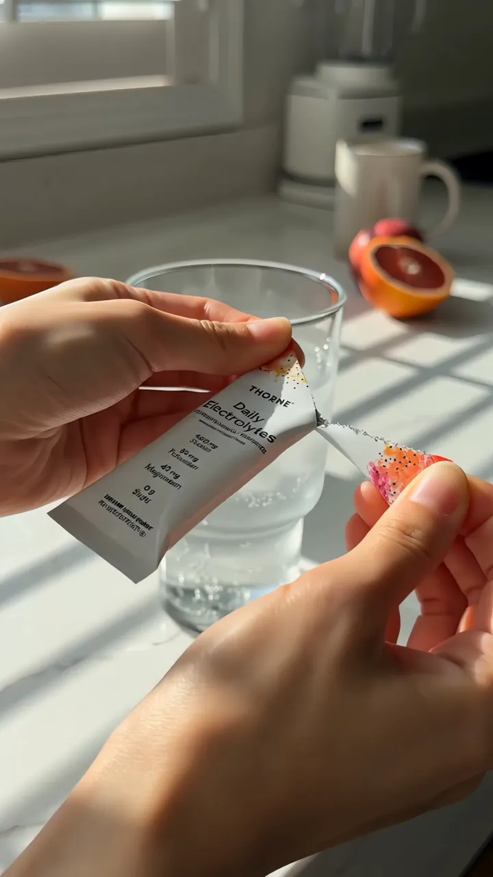 Two hands tearing open a Thorne Daily Electrolytes packet over a glass of water in a sunlit kitchen