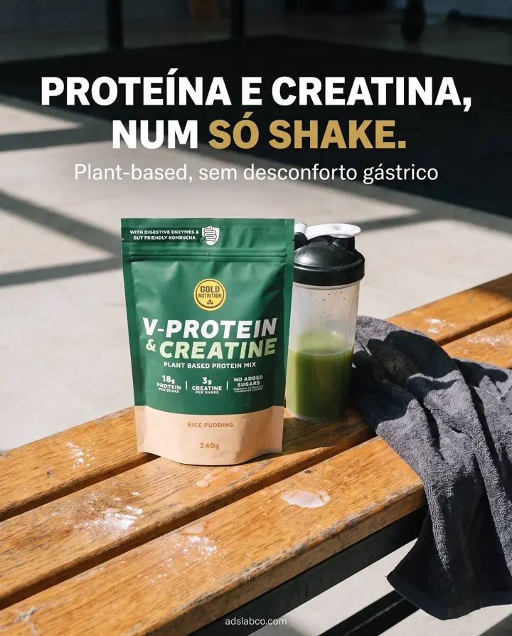 Gold Nutrition V-Protein and Creatine pouch beside a shaker on a gym bench